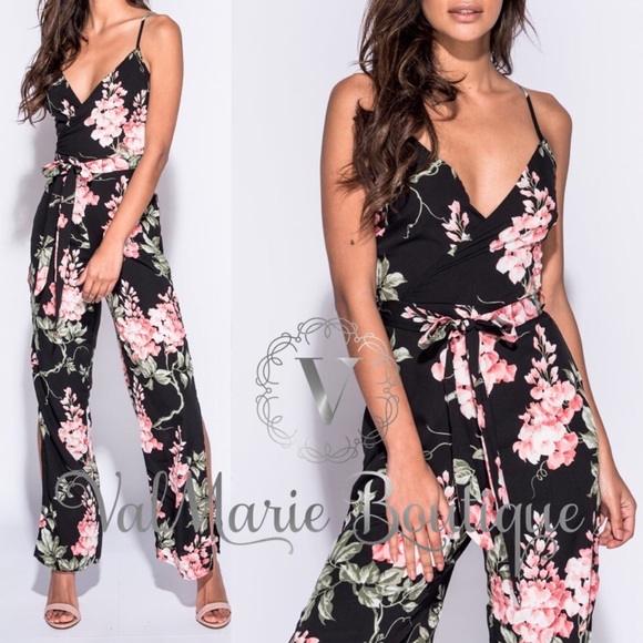 ValMarie Pants - 🌸LAST 1 SZ 2- Black Floral slit Jumpsuit